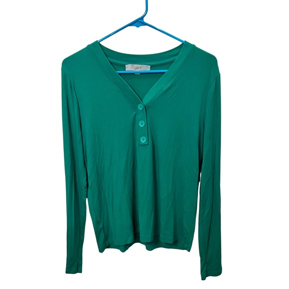 LOFT Tops - LOFT Womens XL Green Ribbed Henley V-Neck Long Sleeve Top Soft Stretchy Basic